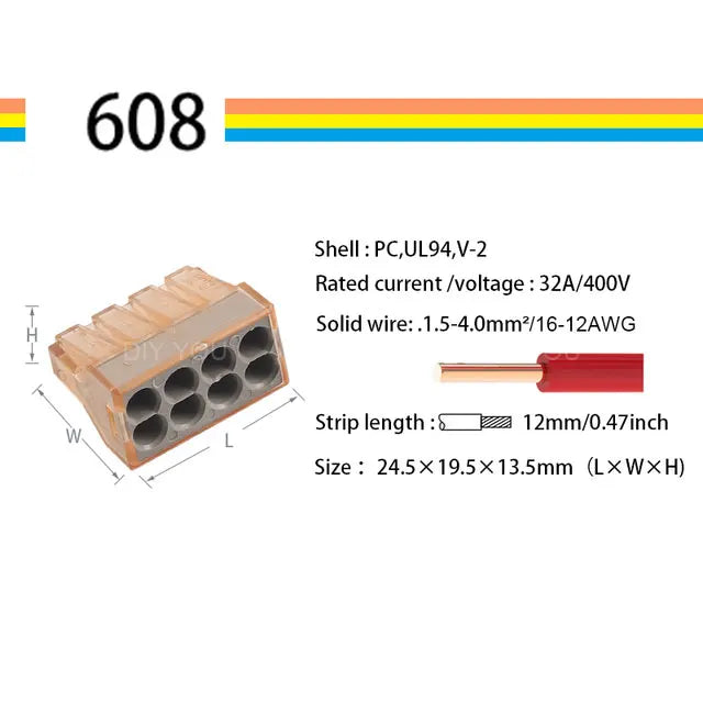 25/50/100pcs 602 604 606 608 Compact Wire Connector Push in Terminal Block Connector 2/4/6/8 Pin Lever 1.5-4 AWG 16-12