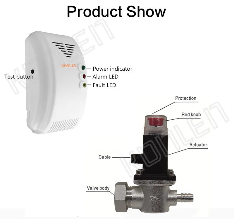 KONLEN LPG Natural Gas Leakage Detector Wireless 433Mhz Sensor With Solenoid Valve