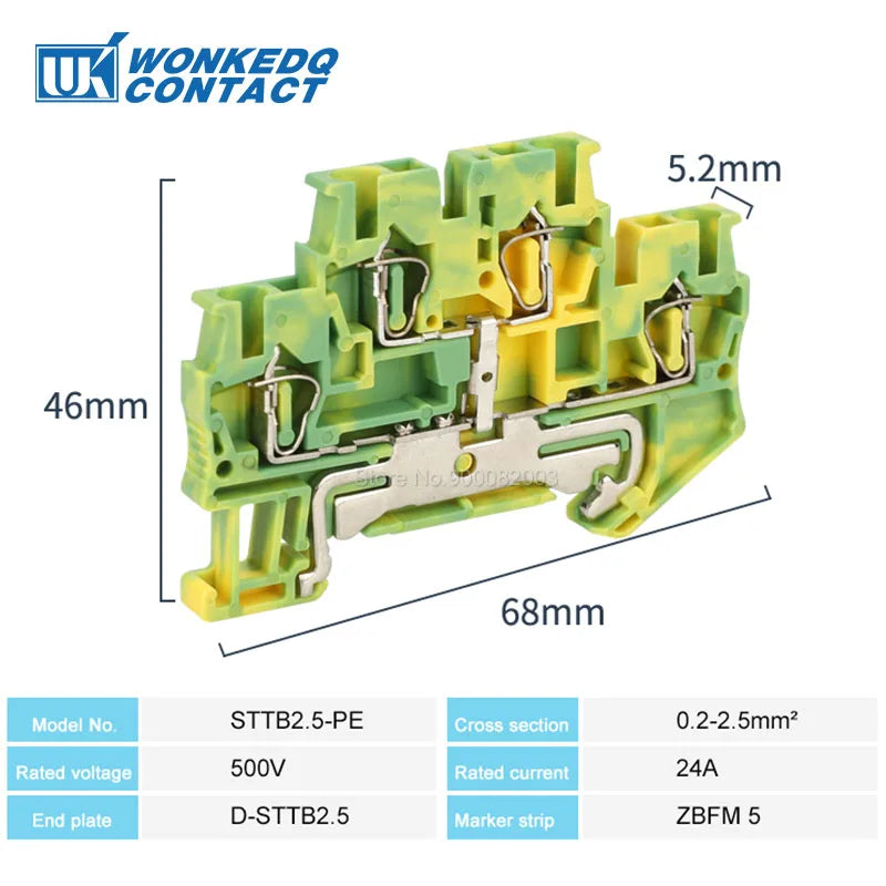 5Pcs STTB2.5-PE Ground Wire Connector Spring-cage 2 Level Earth Protect Plug Electrical STTB 2.5 PE Din Rail Terminal Block