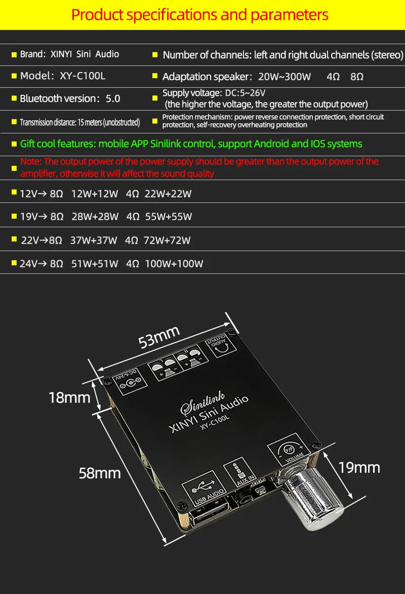 Bluetooth 5.0 Mini Cool Audio Digital Power Amplifier Board 20W*2 50W*2 100W*2 Stereo Wireless AMP Amplificador Module AUX Input