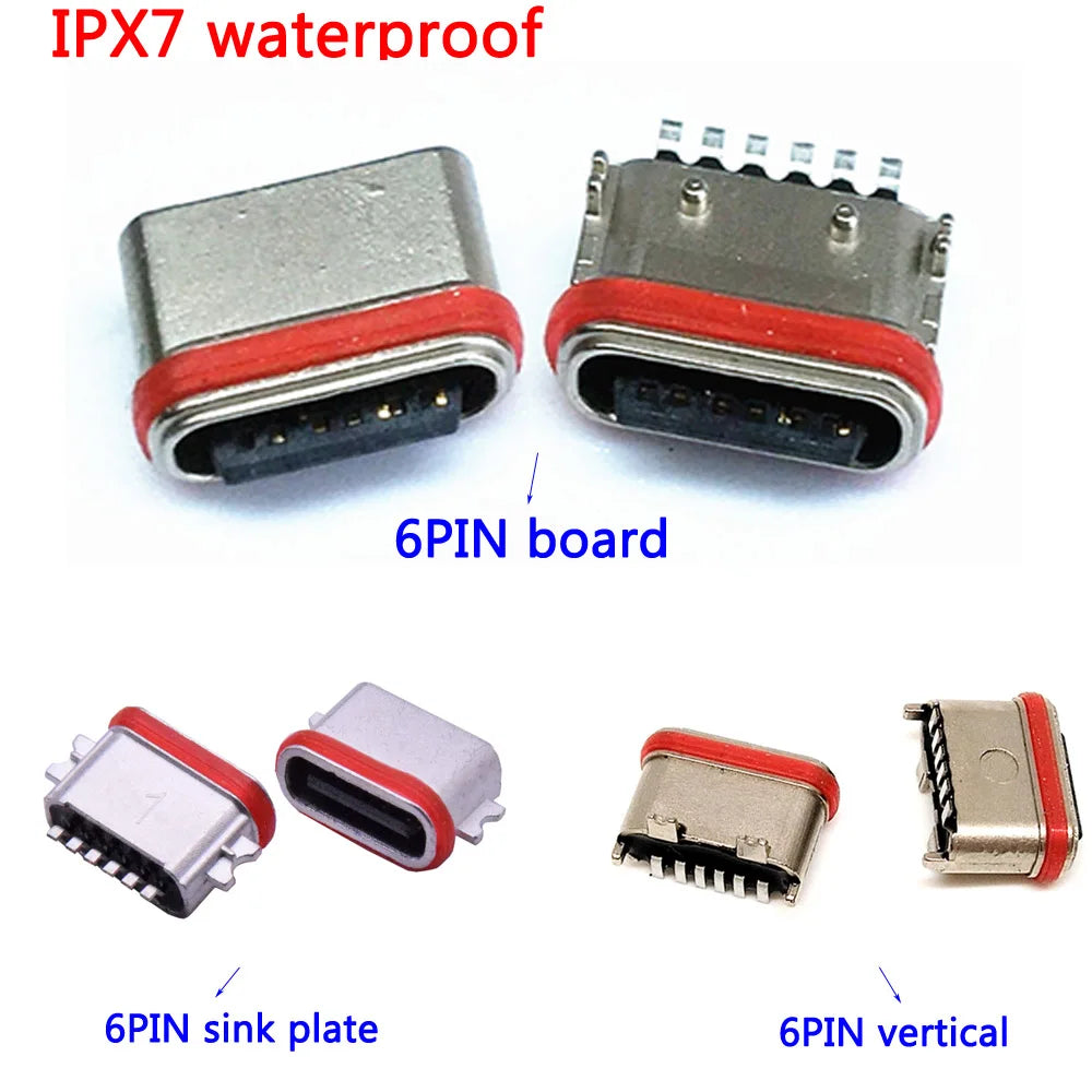 IPX7 Waterproof Type C 6 Pin SMT Socket Connector USB 3.1 Female SMD DIP For Huawei Samsung Lenovo PCB Design DIY High Current