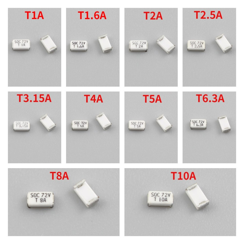 10pcs Micro Fuse SMD SMT 1206 72V 11CT T 1A 1.25A 1.6A 2A 2.5A 3.15A 4A 5A 6.3A 8A 10A 72V DC Slow Blow 3216 Surface Mount SOC