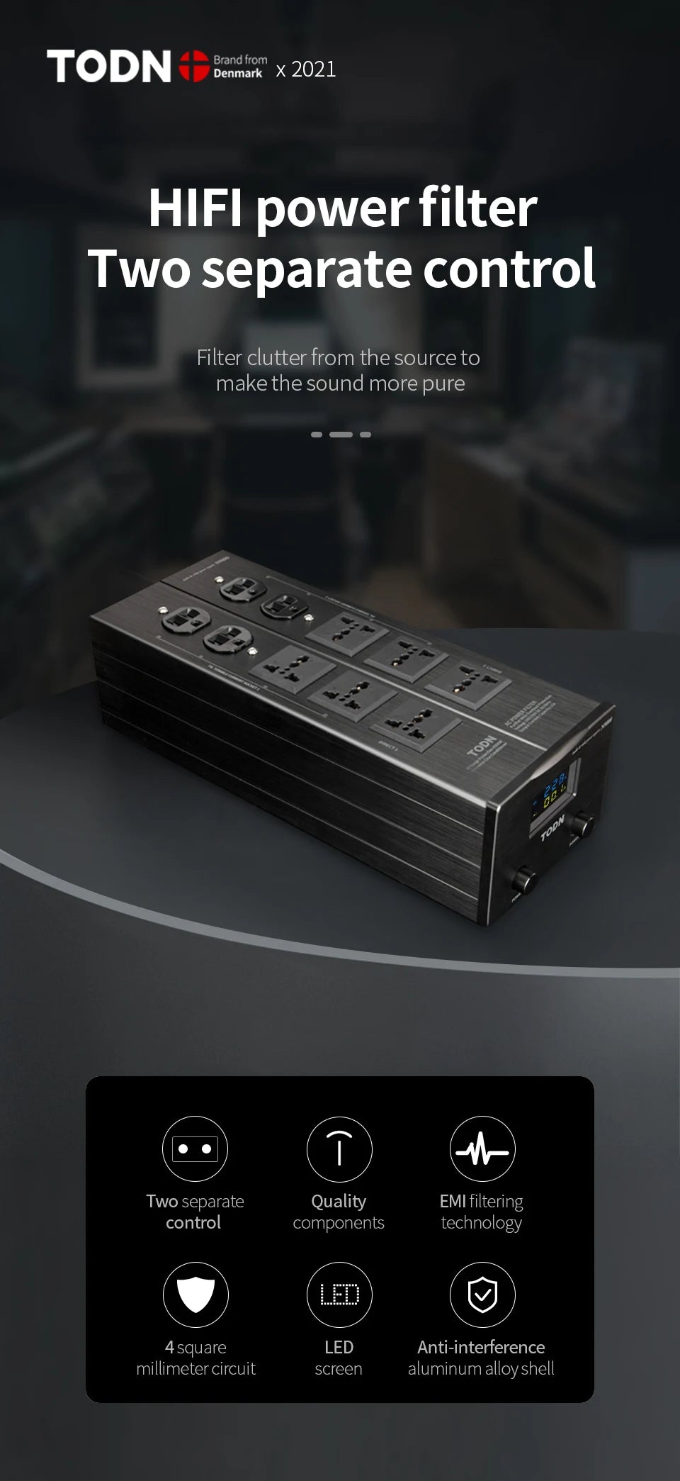 TODN Audio Noise AC Power Filter Power Conditioner Power Purifier Surge Protection with EU Outlets Power Strip