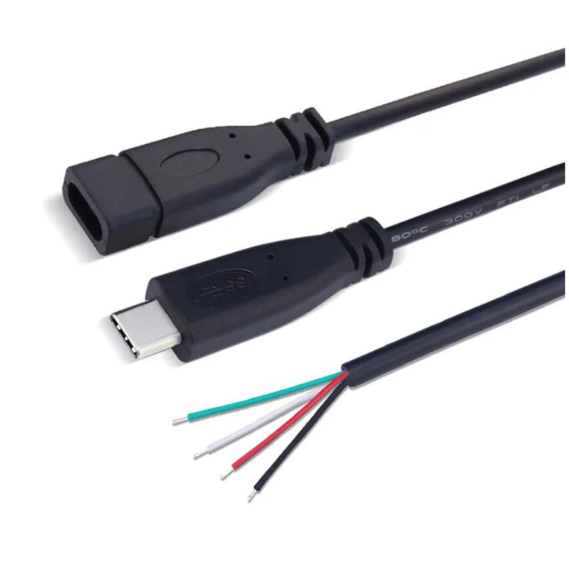 1pcs 25cm 2pin 4pin Wire USB 2.0 Type C Male Female Plug Extension Welding Type USB-C DIY Repair Cable Charger Connector
