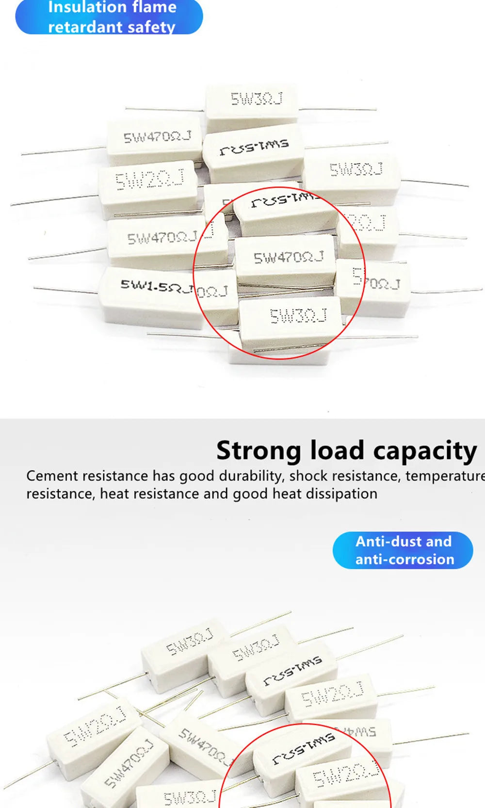 10Pcs 5W Ceramic Cement Resistor 5% In A Pack 0.1R 0.22 0.33 0.5 Ohm 6.8K 0.25R 0.5R 3R 27R 12R 100R Non-inductive Resistors