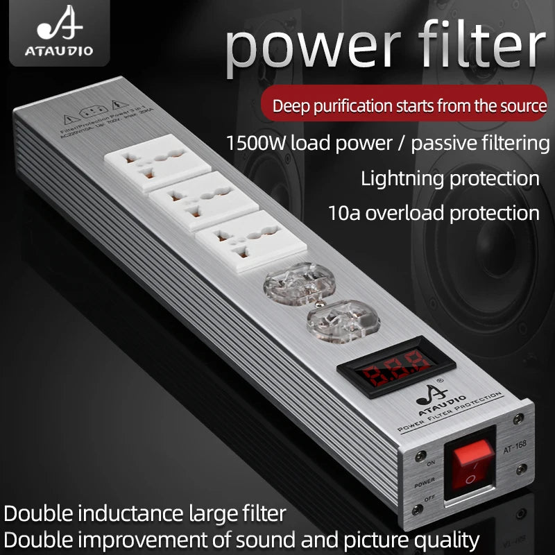 ATAUDIO HIFI Audio Power Filter Noise AC Power Filter Power 1500W 110V-250V  Purifier Surge Protection with EU Universal Outlets