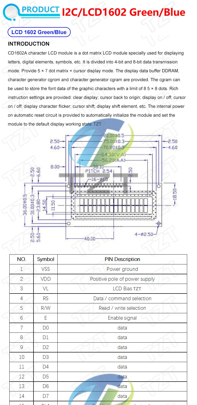 TZT LCD1602 LCD 1602 2004 12864 LCD Display Module Blue Green Screen 16x2 20X4 Character  HD44780 Controller