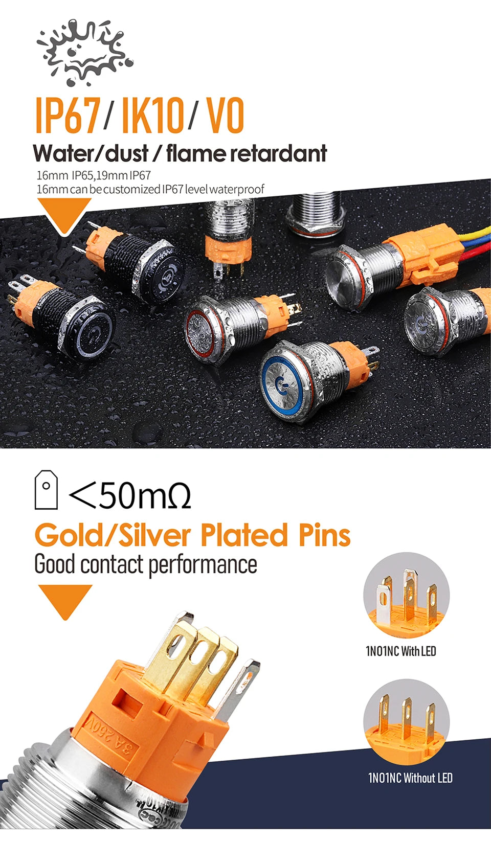 LANBOO LB16A Device Button Switch Chrome Plating/Aluminum Oxide Black/Optional 1NO1NC/5 Pin Latching/Momentary Optional