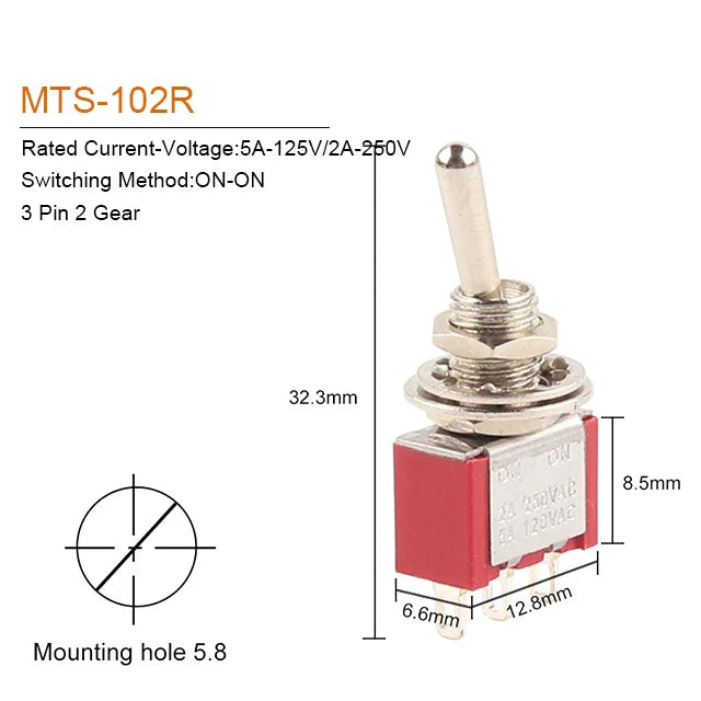 5PCS 6mm Miniature Toggle Switch MTS 102/103/202/203/302/304/402/403 ON-OFF-ON 5A125V 2A250V 3/6/9/12 Pin Mounting Equipment