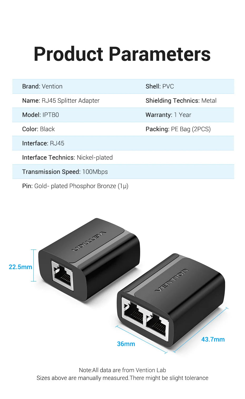 Vention RJ45 Splitter Connector Adapter 1 to 2 Ways Ethernet Splitter Coupler Contact Modular Plug Connect Laptop Ethernet Cable