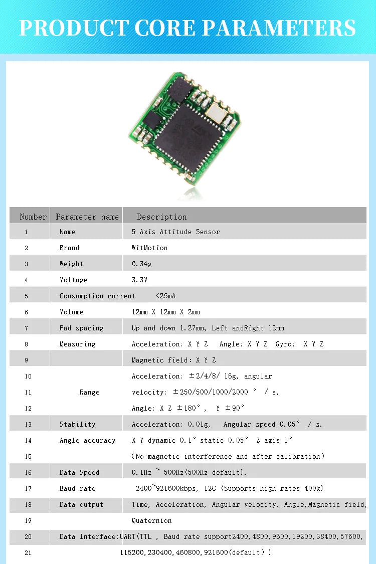 WitMotion WT931 (XYZ, Return Rate 500H) AHRS MPU9250 9-axis Accelerometer, Electronic Gyroscope, Angle, Magnetometer, for Arduin