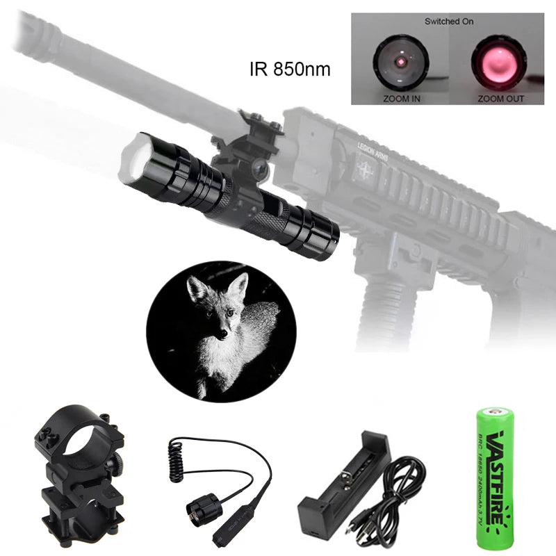Infrared Night Vision Flashlight Zoomable LED IR-940nm Torch used with Night Vision Device 18650 Battery+Charge+Remote Switch