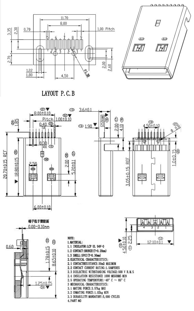 5Pcs USB Connectors 3.0 A Type Female AF Type 90 Degree Side Insertion 180 Degree High Speed Interface MICRO Connector