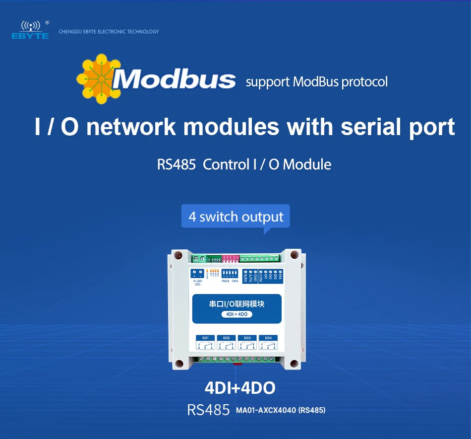 ModBus RTU Serial IO Module RS485 Interface 4DI+4DO 4 Digital Outputs Rail Installation 8~28VDC CDEBYTE MA01-AXCX4040