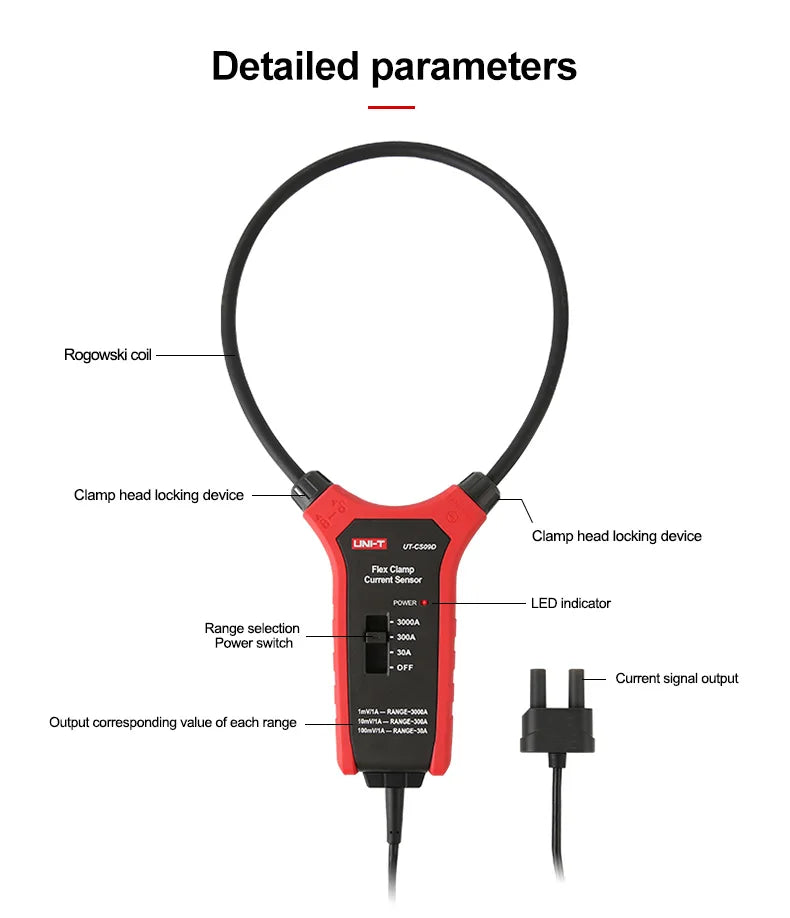 UNI-T UT-CS09D 3000A AC Flexible Current Sensor True RMS Rogowski Coil Clamp Probe BNC Connector Multimeter Electrician Tool