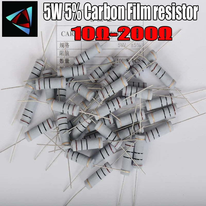 5pcs 5W 5% Carbon Film resistor 1R ~ 1M 10 12 15 18 20 22 24 27 30 33 36 39 43 47 51 56 62 68 75 82 91 100 120 150 180 200 ohm