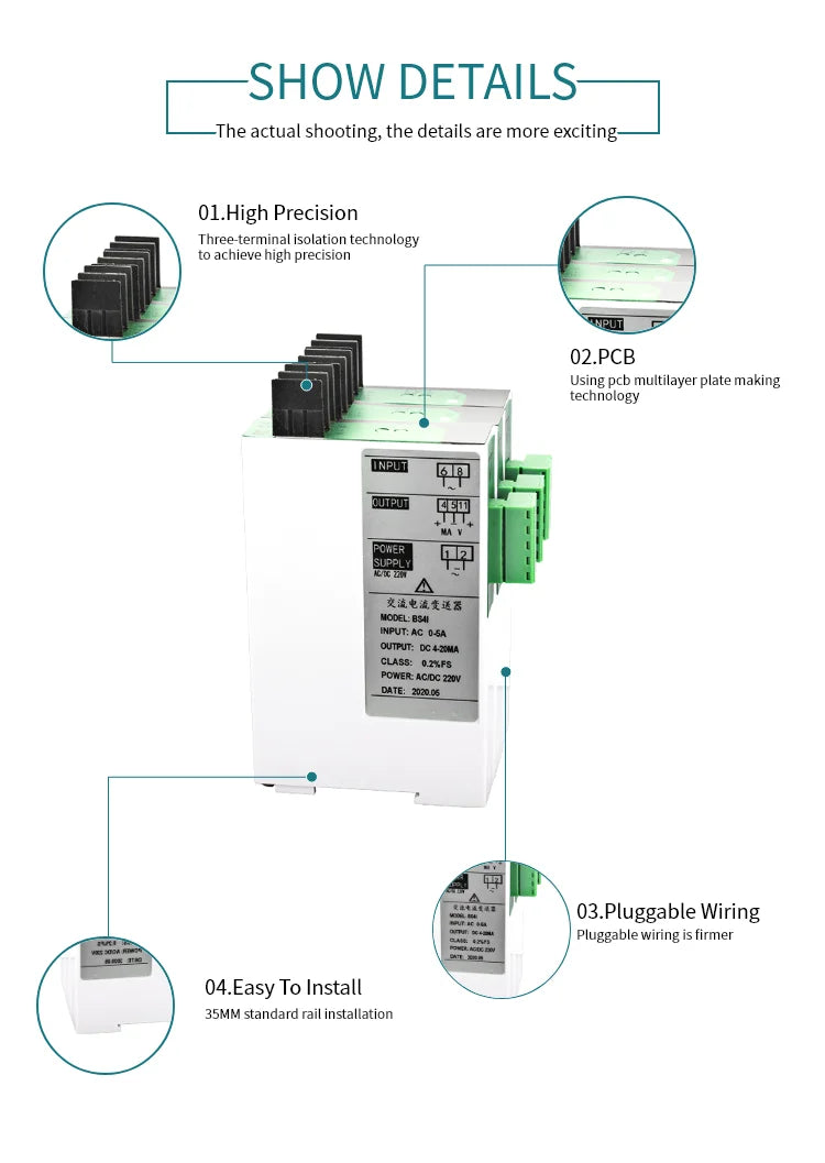 AC 0-1A 2A 5A 10A Current Transmitter 4-20mA 0-5V RS485  Output AC Current Transducer