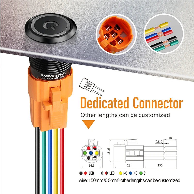 LANBOO LB16A Device Button Switch Chrome Plating/Aluminum Oxide Black/Optional 1NO1NC/5 Pin Latching/Momentary Optional