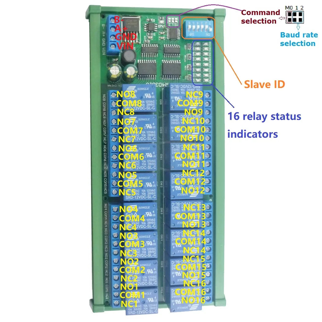16-Channel 12V 10A DIN Rail Box PLC Expansion Board RS485 Modbus RTU Relay Module