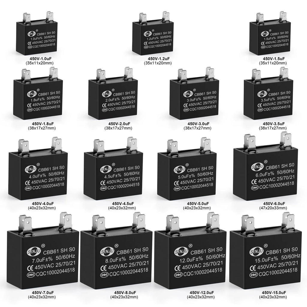 2Pcs CBB61 Air Conditioner External Fan Start Capacitor Motor Run Capacitor 450V 1UF 1.2UF 1.5UF 2UF 2.5UF 3UF 3.5UF 4UF 4.5UF