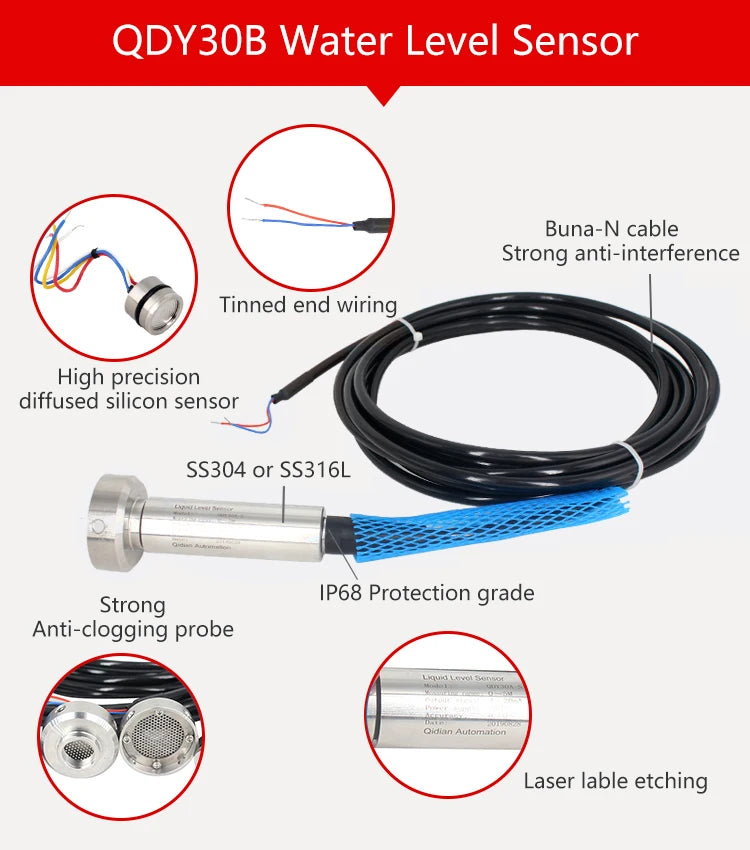 Anti-Clogging Submersible Liquid Level Sensor Water Tank Pressure Transmitter 4-20mA 0-10V RS485 Water River Level Transmitter