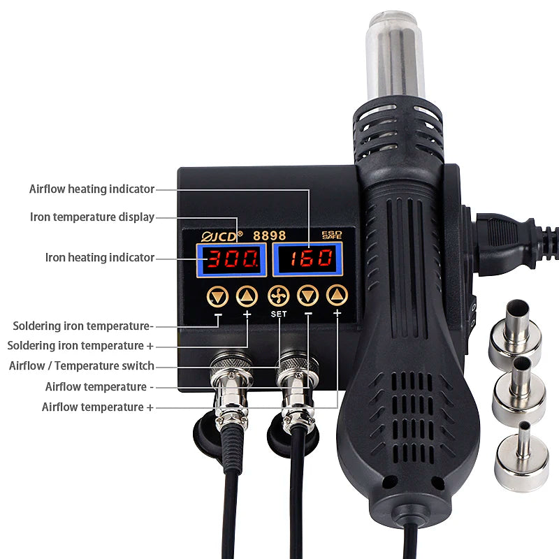 JCD 2 in 1 750W Hot Air Gun LCD Digital Display Welding Soldering Rework Station for Cell-phone BGA SMD PCB IC Solder Iron 8898