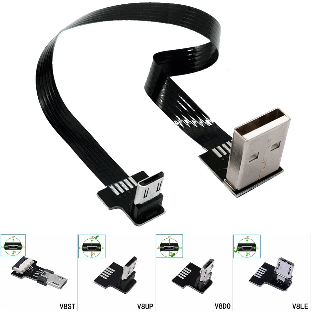 FPC Super Flat flexible Up & Down & Left & Right Angled 90 Degree USB Micro USB Male to USB male FPV Data Charge connector Cable