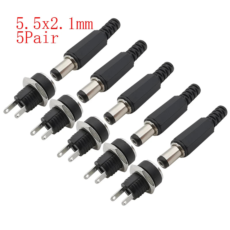 10Pcs DC Power Jack Connectors 5.5 x 2.1mm DC Plug Male Female Socket Soldering Type Nut Panel Mount DC Power Adapter Connector