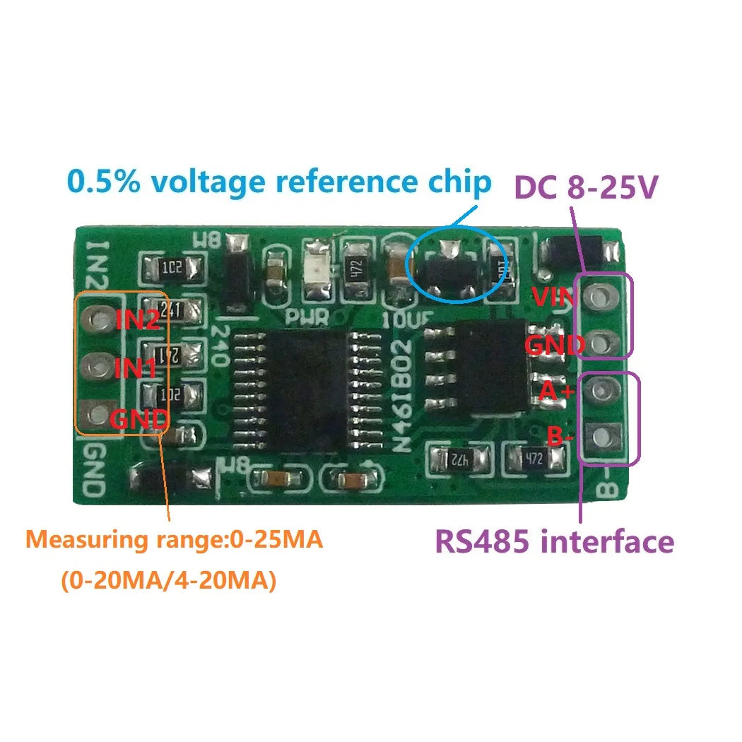 4-20MA to RS485 2 Channel DC 12V 0-25MA Analog Acquisition Module 12Bit ADC Board Modbus RTU PLC