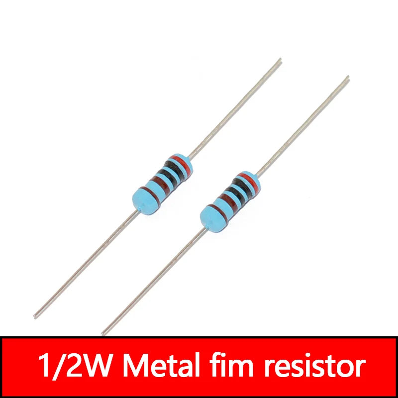 50pcs 1/2W Metal Film Resistor 1.1 1.3 1.8 2 2.2 18 20 22 180 200 220 R K Ohm 1% 0.5W 1K8 2K 2K2 Resistance 1R8 2R 2R2 0.1R-10M