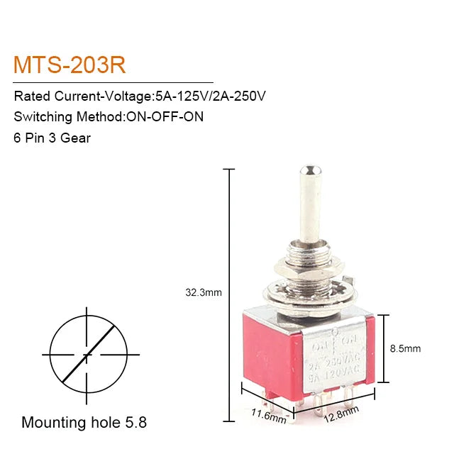 5PCS 6mm Miniature Toggle Switch MTS 102/103/202/203/302/304/402/403 ON-OFF-ON 5A125V 2A250V 3/6/9/12 Pin Mounting Equipment