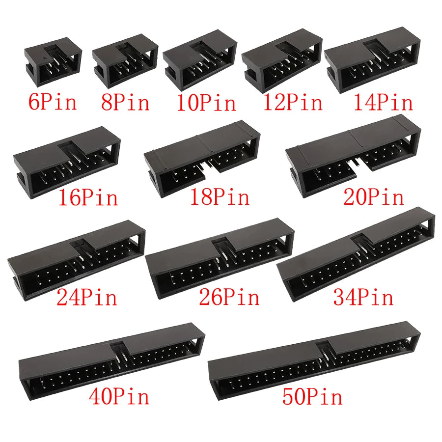 10Pcs IDC Box Header 6/8/10/12/14/16/18/20/24/26/30/34/40/50Pin Connector IDC Sockets 2.54mm Pitch Dual Row Straight DC3 Sockets