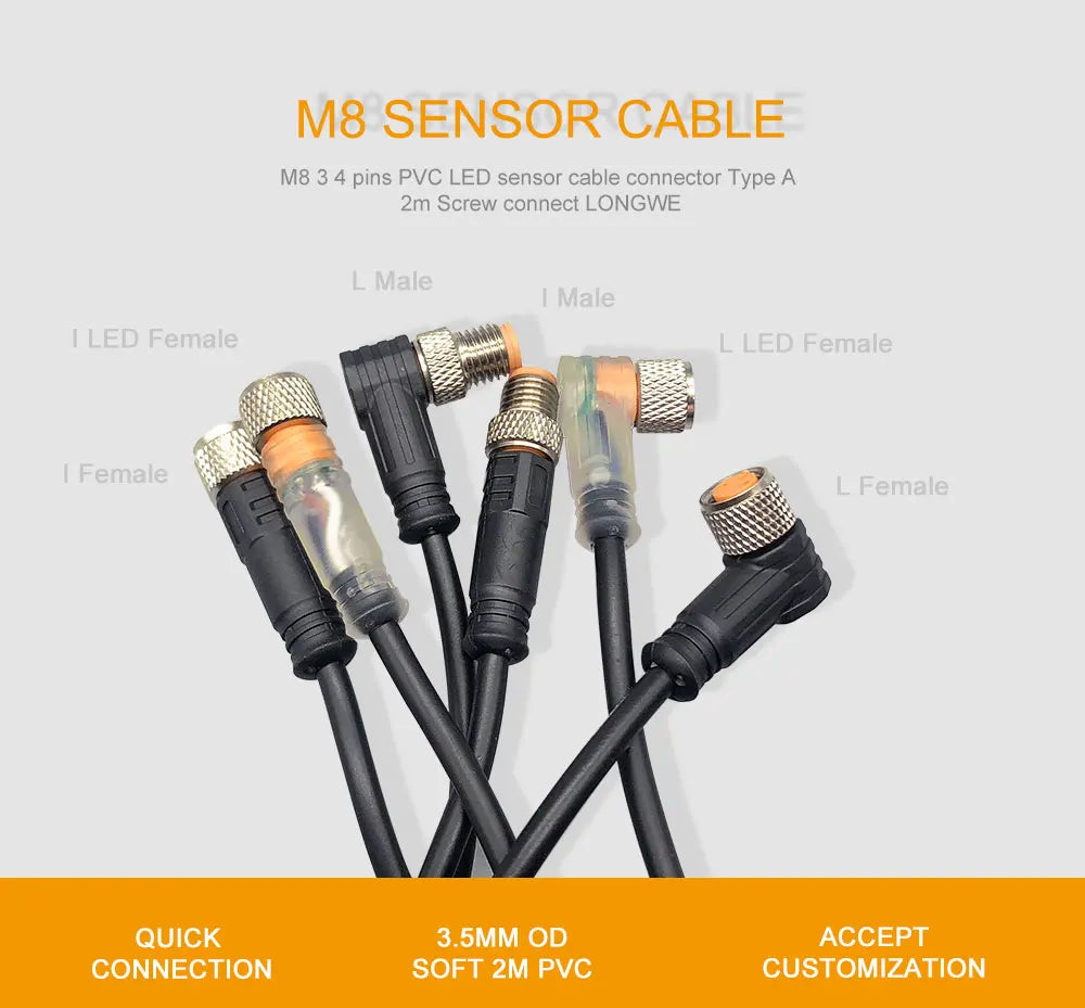 Cloweit M8 3 4 Pins PVC LED IP67 Sensor Cable Connector Type A Socket Plug 2m Waterproof Male&Female Straight Angle Flange