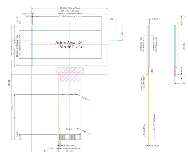 1.51 1.54 Inch 24PIN SPI/IIC/6800 COG 3.3V Blue PMOLED Screen SSD1309 Graphic 128x56 Display Transparent OLED 128x64