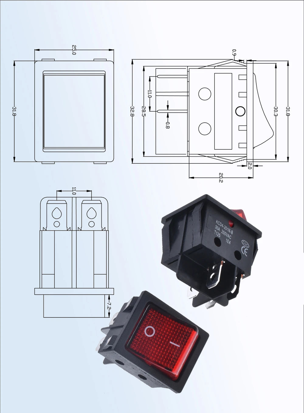 5pcs 30A 250V KCD2 KCD4 Rocker Switch DPST 4 Pin 6Pin Red Lighted 120V Rocker Toggle Switch ON Off Heavy Duty 22*29 High voltage