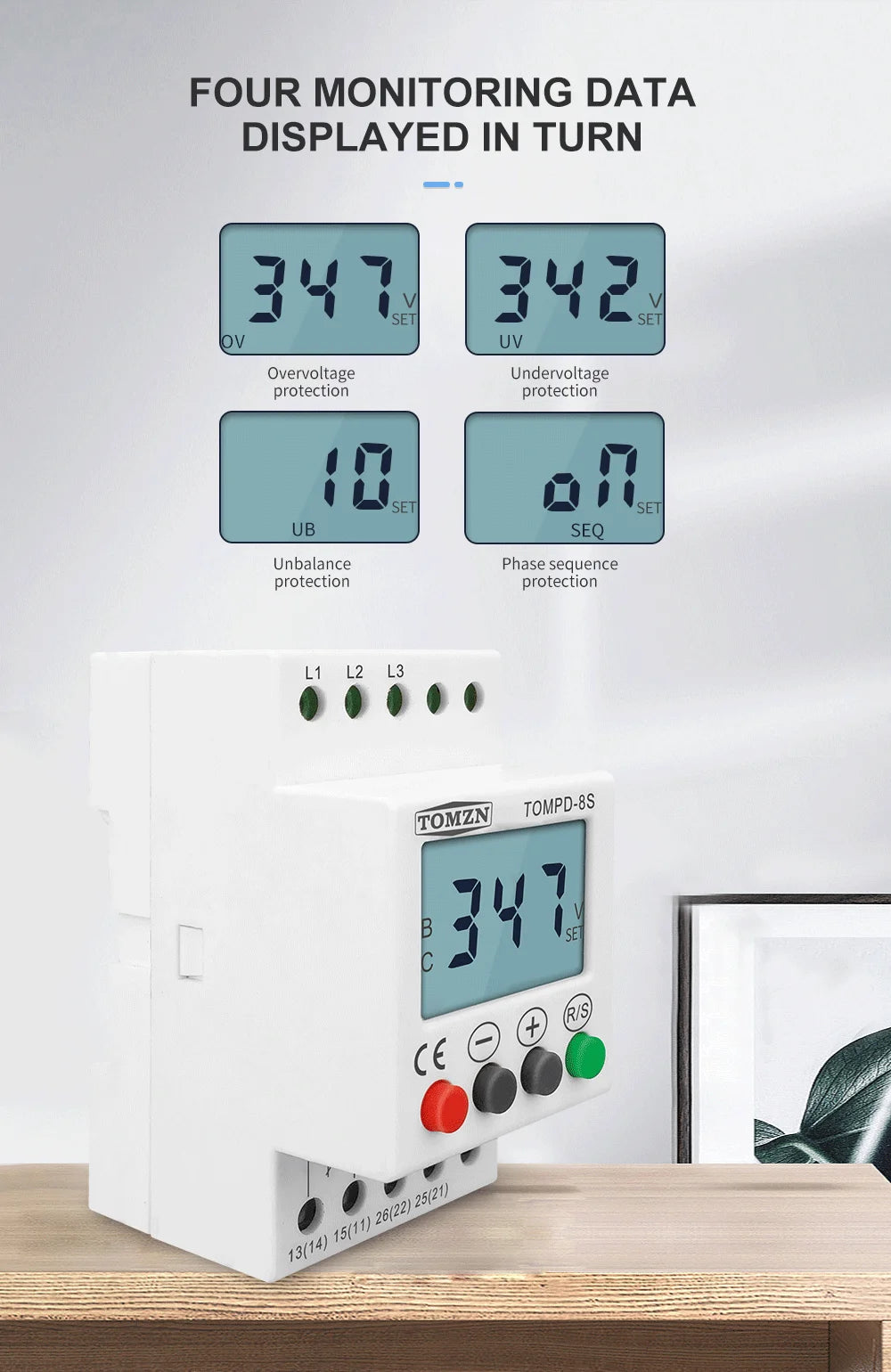 TOMZN 3 Phase Din Rail Adjustable Under Over Voltage Protector Voltage Monitoring Sequence Protection Relay