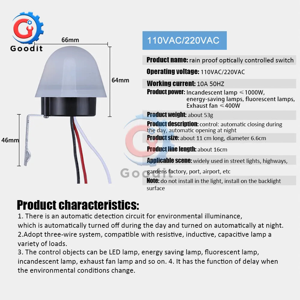 Waterproof Sensitive Auto Photo Switch AS-20 DC 12V AC 110V 220V 10A On/Off Photocell Street Light Switch Sensor Switch Tools