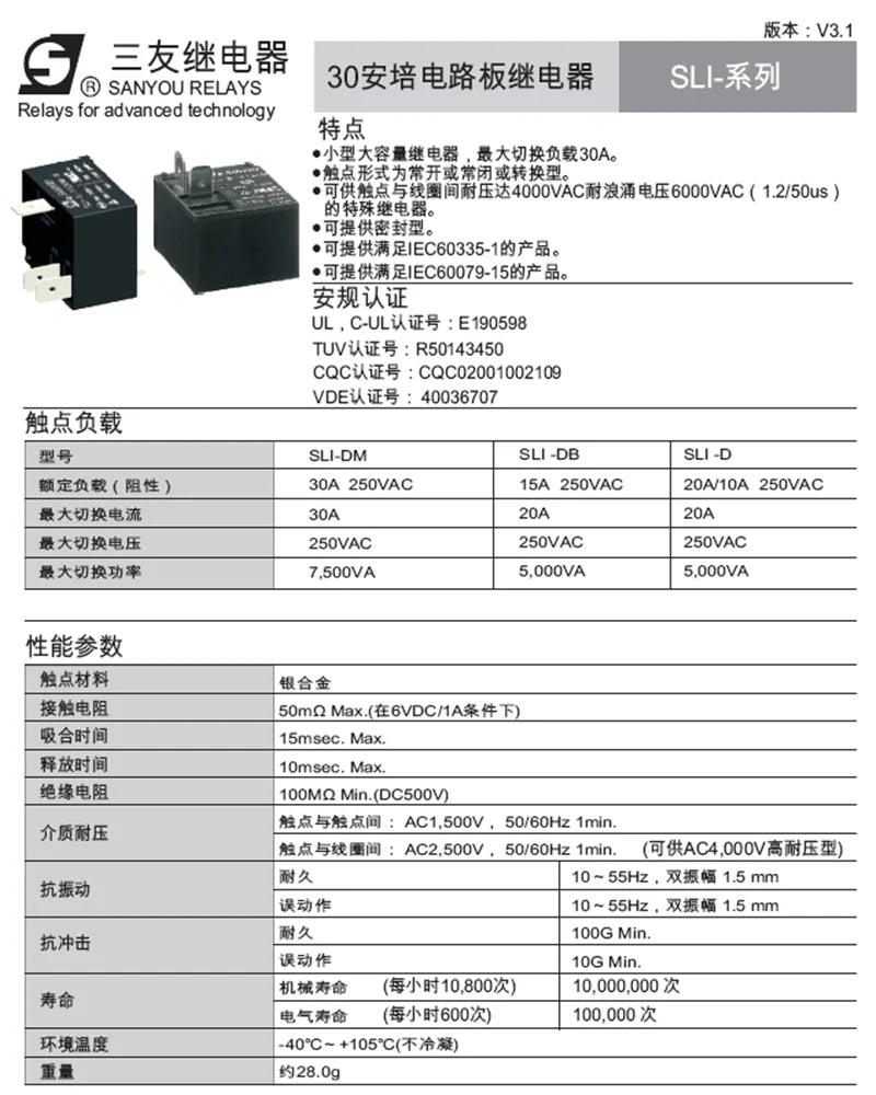 Power Relay 100%Original New SANYOU SLI-S-112DM 12VDC SLI-S-124DM 24VDC 30A 4PINS