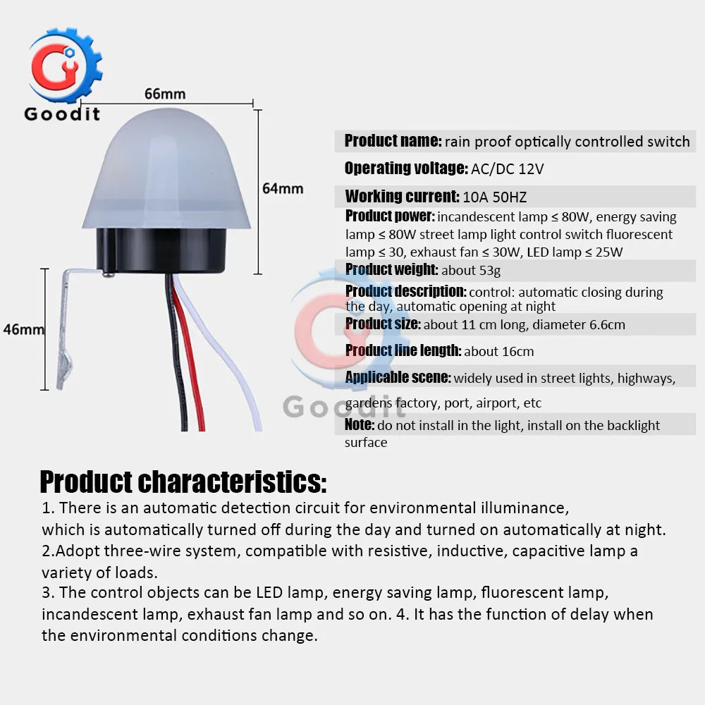 Waterproof Sensitive Auto Photo Switch AS-20 DC 12V AC 110V 220V 10A On/Off Photocell Street Light Switch Sensor Switch Tools