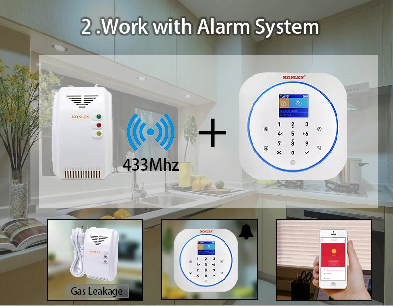 KONLEN LPG Natural Gas Leakage Detector Wireless 433Mhz Sensor With Solenoid Valve
