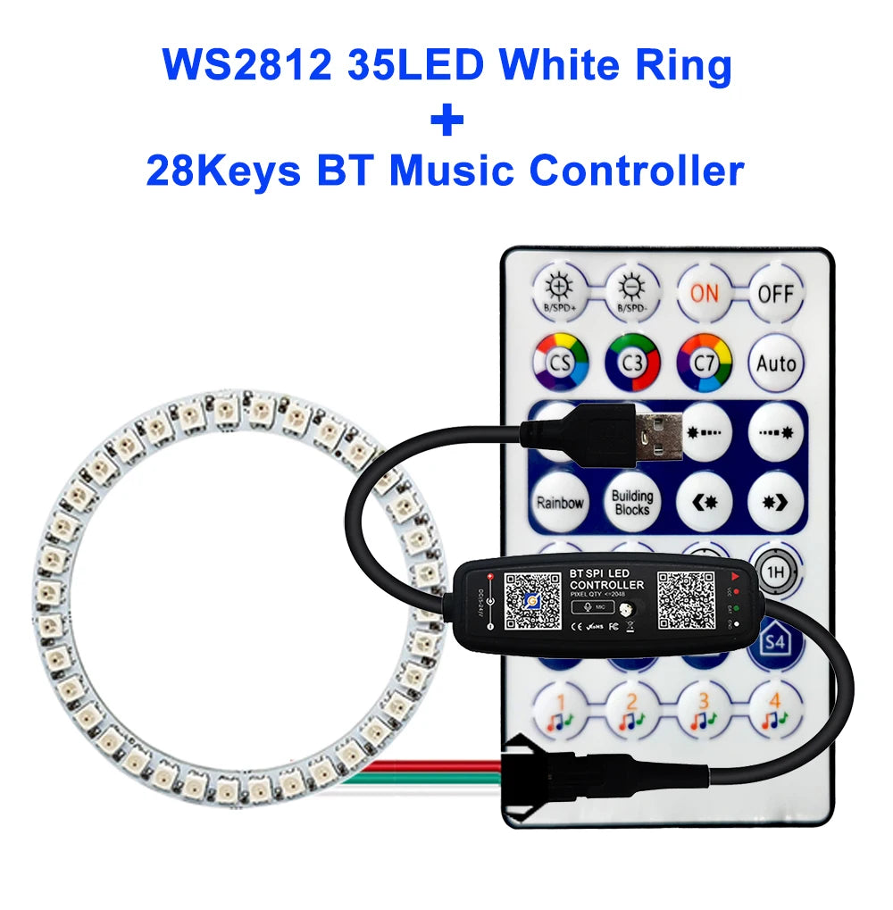 WS2812B Individually Addressable Led Ring 5050 RGB With USB 28Keys Bluetooth Music Controller Kit BuiIt-in 8/16/24/35/45 Pixels