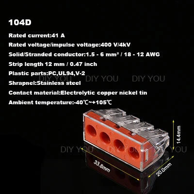 25/50/100PC DIY YOU 102/103D/104D/104/106/108 Universal Compact Wire Wiring Connector Conductor Terminal Block With Lever