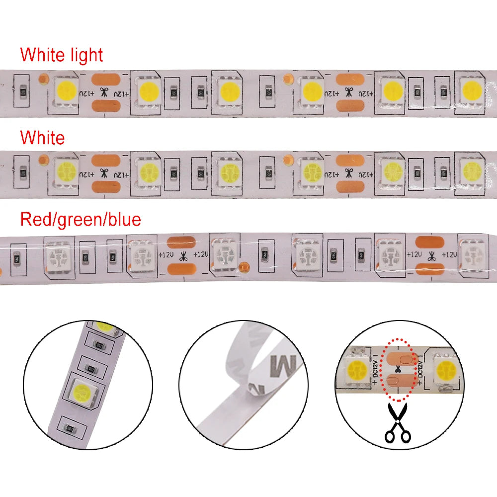 DC12V LED Strip 5050 5054 2835 120 240LEDs/M High Bright White Red Blue Pink Yellow RGB Flexible Ribbon Tape Light Lamp 5m