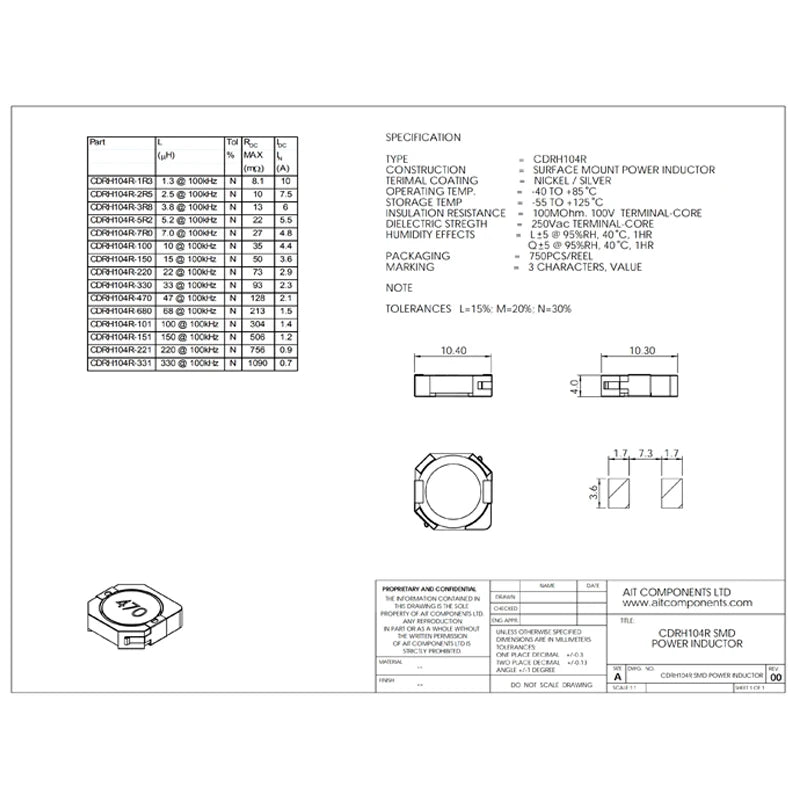 5PCS CDRH104R Inductance Wire Wound Chip Shielded Inductor 2.2/3.3/4.7/10/22/33/47/68/100/220/330UH 10*10*4M SMD Power Inductor