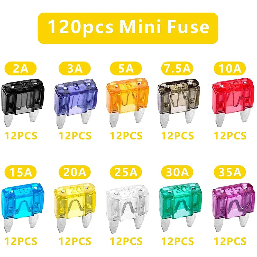 120PCS Fuse Car Kit Assorted Auto Car Truck Standard Blade Fuse Assortment 2A 3A 5A 7.5A 10A 15A 20A 25A 30A 35A Automotive Fuse