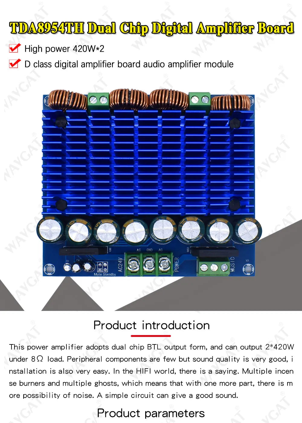 Ultra High Power Digital Amplifier Module AC 24V Stereo TDA8954TH Dual Chip 2x420W XH-M252 Digital Power Amplifier Board