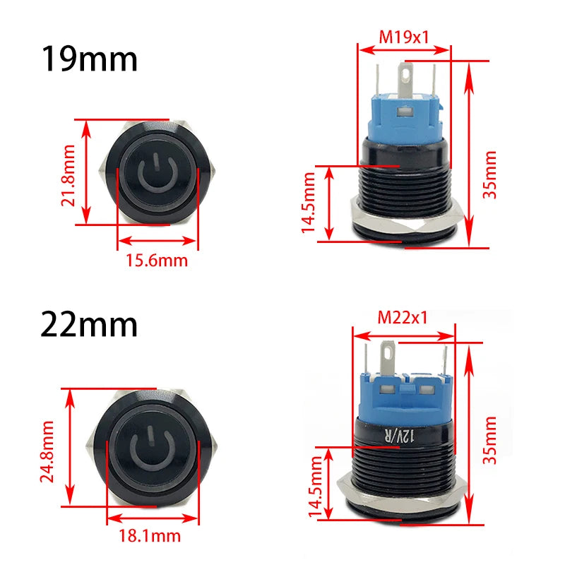 Black Metal Push Button Switch Start Stop 12/24/220V 16/19/22mm Connected LED Backlit Rocket Power Controller Momentary/Latching