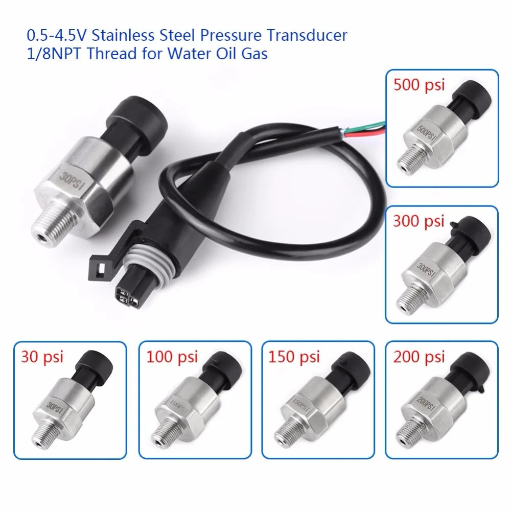 Stainless Steel 1/8" NPT DC 5V Pressure Transducer Sender Sensor For Oil Fuel Water 30/100/150/200/300/500PSI Pressure Senor