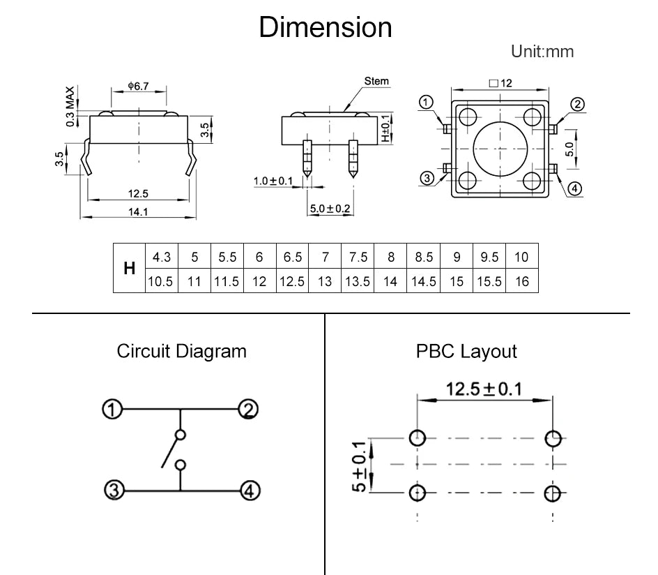10pcs 12x12mm Panel PCB ON Off Momentary Tactile Tact Micro Mini Switch Push Button DC12V 4 Pin DIP H=5/6/7/8/9/10/12/13/15/16mm