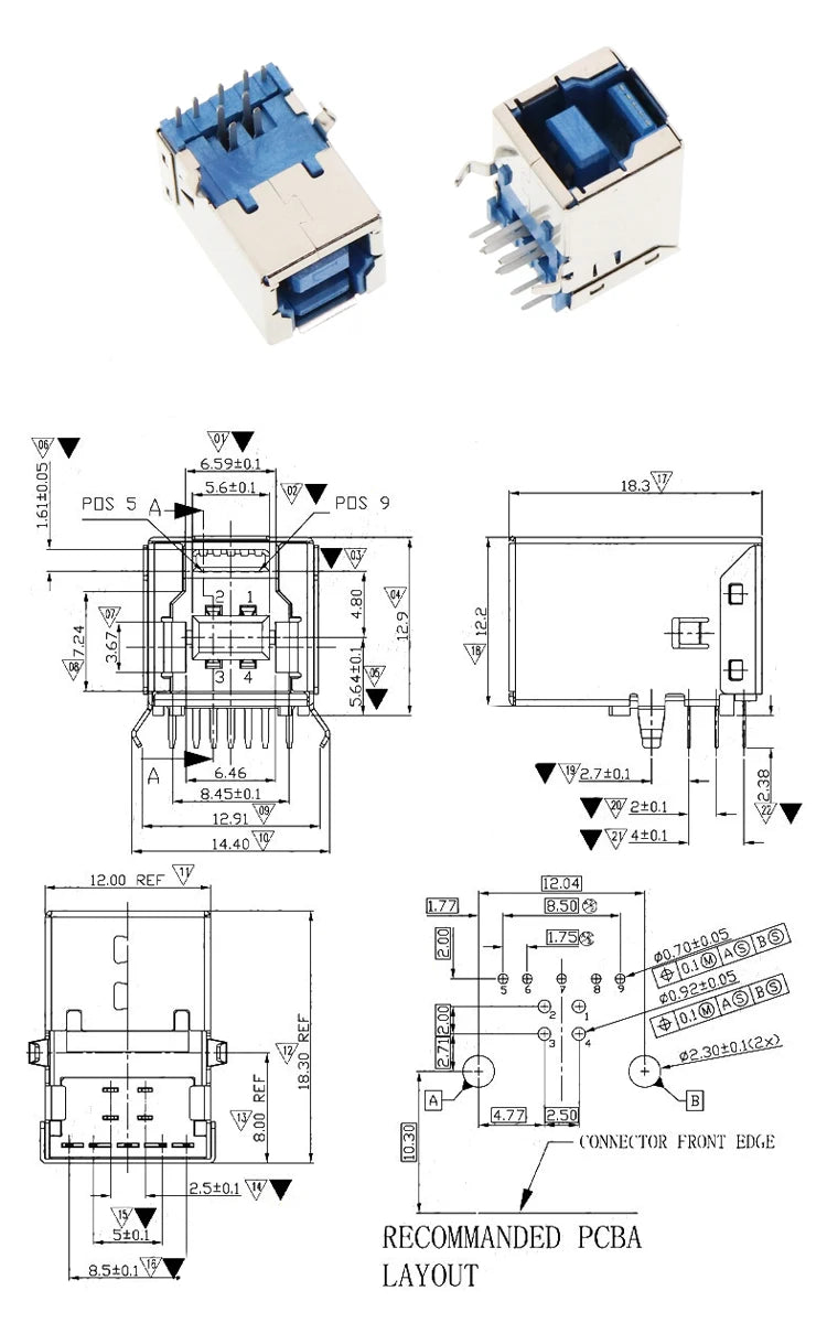 5Pcs USB Connectors 3.0 A Type Female AF Type 90 Degree Side Insertion 180 Degree High Speed Interface MICRO Connector